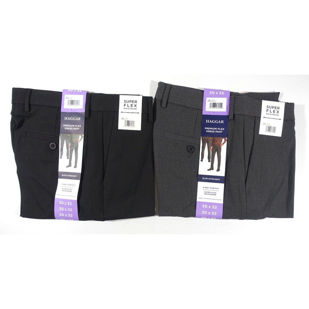2 Pair Haggar Premium Flex Dress Pants Men 30x32 Slim Straight 4-Way Stretch NWT